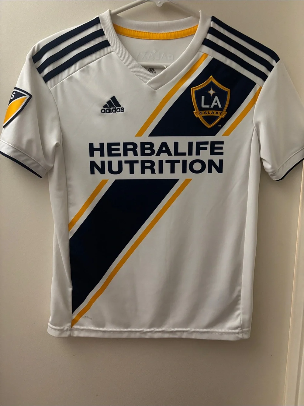 adidas White LA Galaxy Soccer Jersey with Navy & Gold Accents